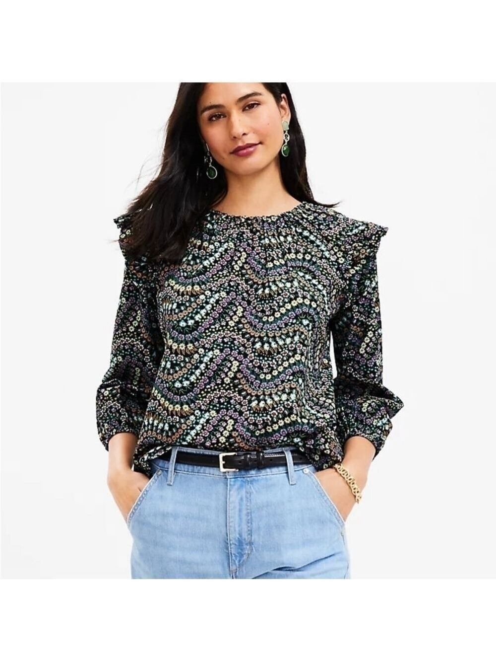 LOFT  Garden Dobby Tie Back Ruffle Blouse